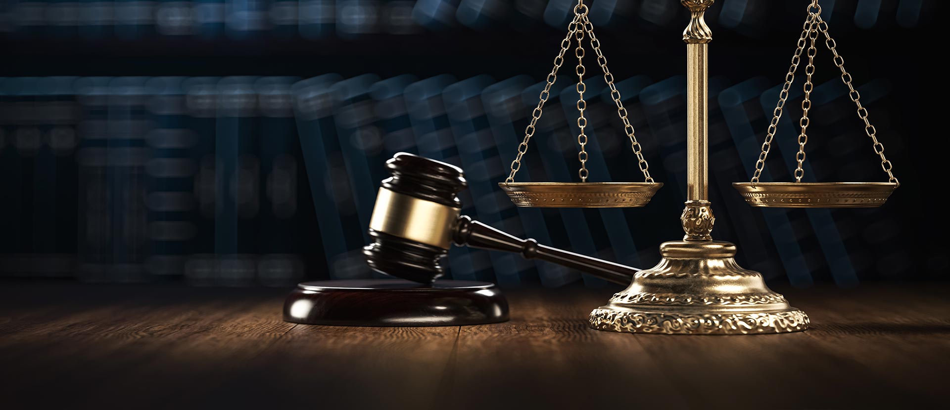 The image features a golden gavel, a set of gold scales, and a wooden judge s bench with a black robe, all placed on a desk with a bookshelf in the background, symbolizing a courtroom setting.